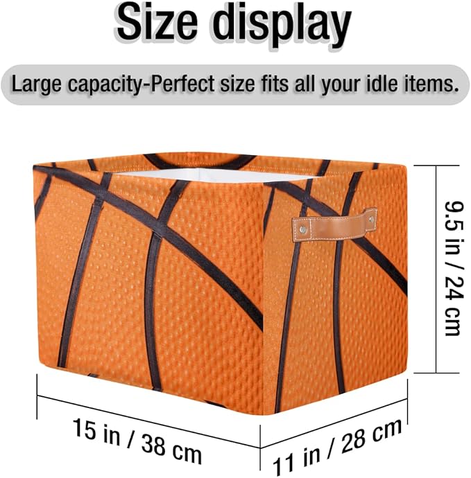 Basketball Print Storage Basket Collapsible Rectangular Storage Bin Large Fabric Storage Boxes Organizer 1Pc with Leather Handles for Clothes Toys Books Kitchen Laundry