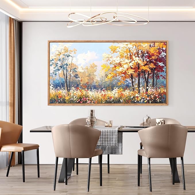 Aurlan Forest Wildflowers Landscape Hand Painted Framed Wall Decor(40"x20"), Vintage Nature Yellow Leaves Scenery 3D Textured Canvas Oil Painting, Classical Watercolor Floral Wall Art for Living Room Bedroom