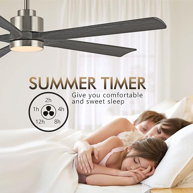 52" Modern Ceiling Fan with Lights and Remote Control, 5 Solid Wood Blades 6-Speed Noiseless Reversible DC Motor, Ceiling Fan for Bedroom Dinning Living Room, Nickel Finish with Wood Blades