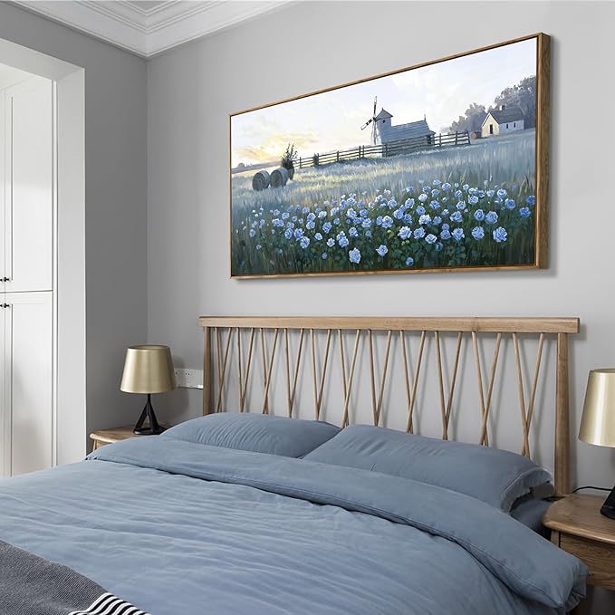 amatop Large Framed Country Landscape Wall Art – Blue Floral Canvas Art Print Vintage Rustic Farmhouse Picture Sunset Nature Artwork Wall Decor for Bedroom Dining Room Office Entryway 48x24 Inch