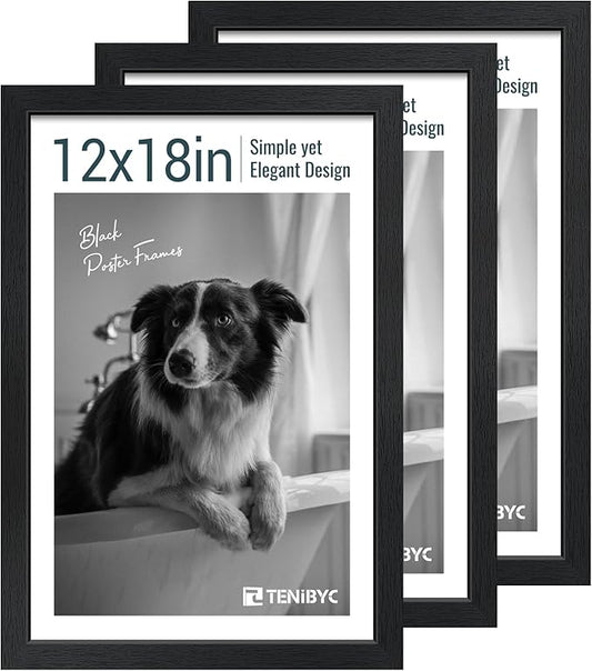 12x18 Poster Frame Set - 3 Pack, Textured Black Solid Wood with HD Tempered Glass, Wall Gallery Picture Photo Frame