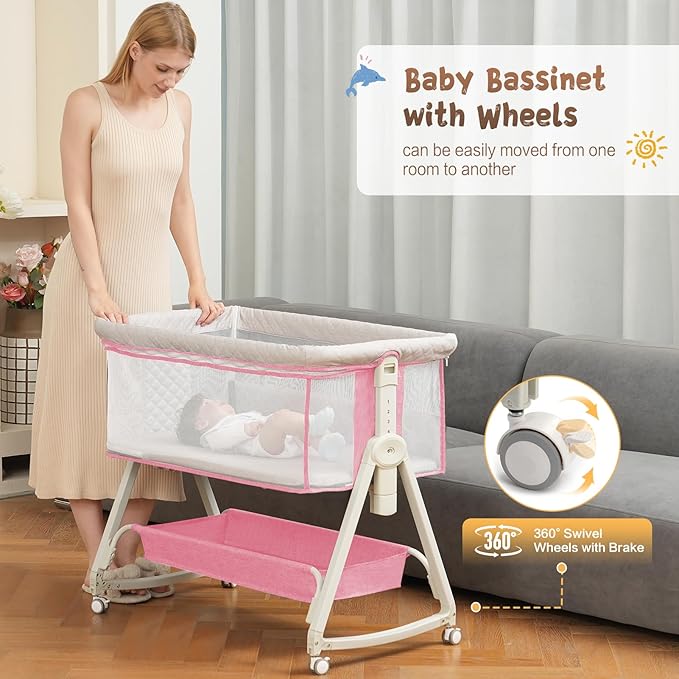 Baby Bassinet Bedside Sleeper for Baby,Bedside Bassinet with Wheels and Storage Basket, 6 Height Adjustable Bedside Crib(Upgrade Pink)