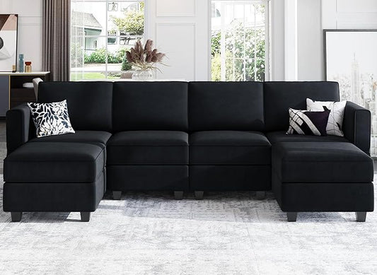 Belffin Modular Sectional Sofa with Reversible Chaises Velvet U Shaped Sectional Couch with Storage Seat Black