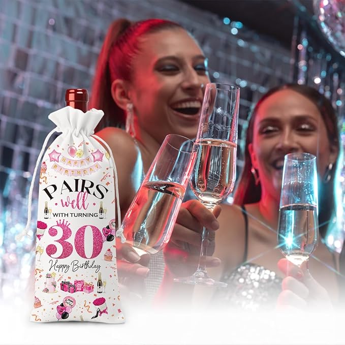 30th Birthday Gifts for Her Women Men Wine Bag, 30 Year Old Birthday Gifts for Women Men, Happy 30th Birthday Party Decorations for Her Him, Pairs Well with Turning 30 Wine Bags (White Pink)