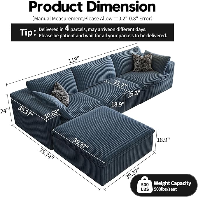 118" Cloud Couch Modular Sectional Sofa for Living Room,Modern Sofa with Deep Seat，L-Shape Boneless Couch with Ottoman,Comfy Upholstered Corduroy Couches for Apartment, Studio, Office,Bedroom，Blue