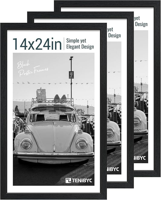 14x24 Poster Frame 3 Pack, Textured Black Solid Wood Gallery Picture Frame - Wall Hanging
