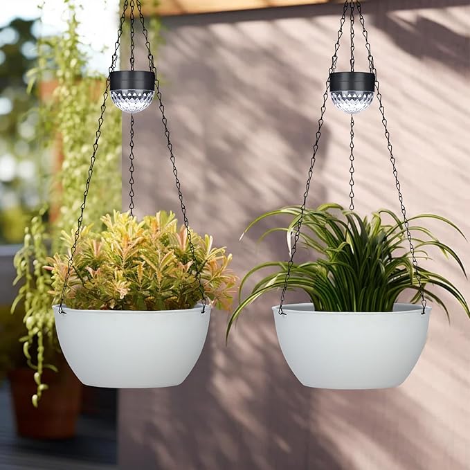 2 Packs Solar Hanging Basket Planters for Plants Outdoor, Self Watering White Flower Plants Pots with Solar Light Drainer for Balcony Patio Garden Outdoor Decoration