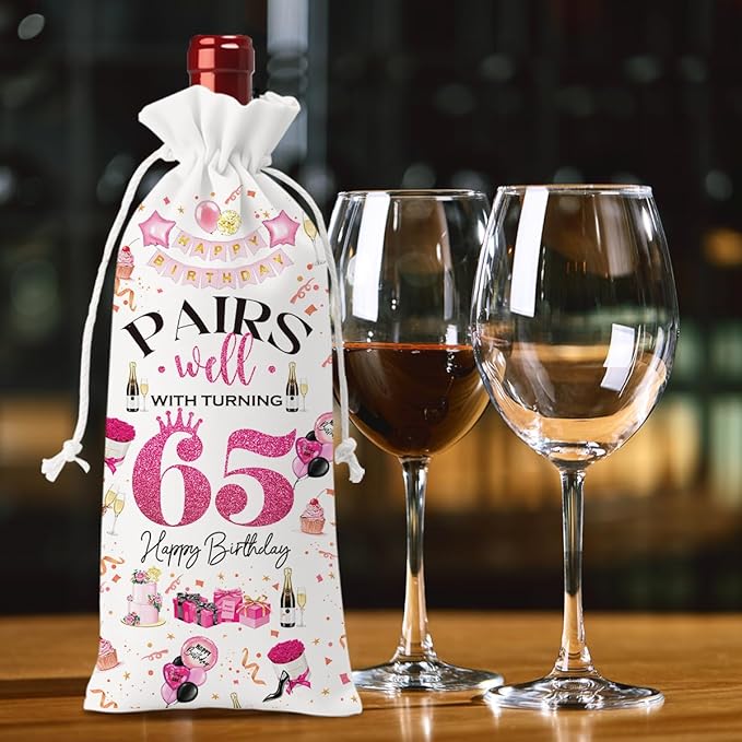 65th Birthday Gifts for Women Men Wine Bag, 65 Year Old Birthday Gifts for Women, 65th Birthday Party Decorations for Women Men, Pairs Well with Turning 65 Wine Bags (White Pink)