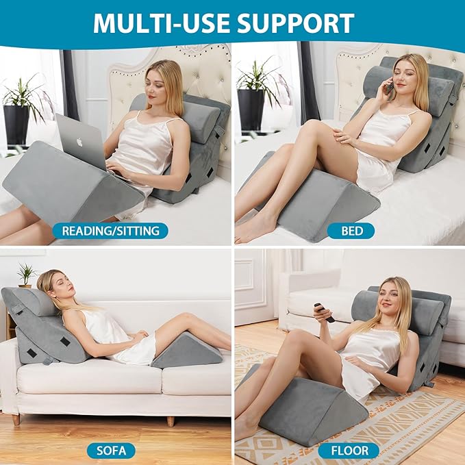 4pcs Wedge Pillow Headboard Set. Comfortable Sleep and Rest Relieves Back and Leg Pain, Aids in Acid and Gastro-Oesophageal Reflux Relief, Reduces Snoring - Grey