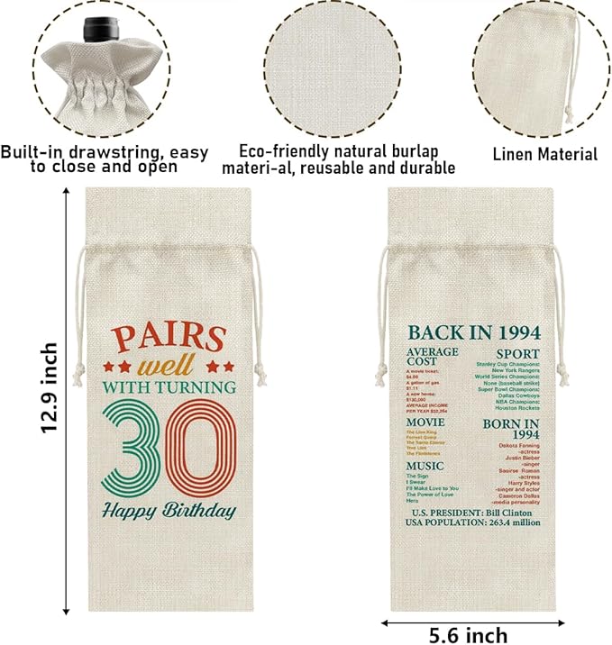 30th Birthday Gifts Wine Bag Congratulations Gifts for Women Men Parents Mom Dad Anniversary Favors 1994 with Time Information Wine Gift Bag
