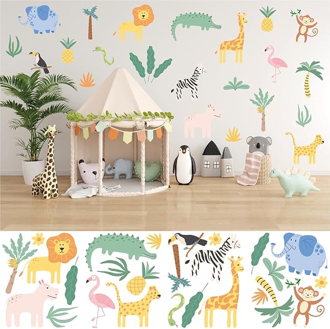 Animal Wall Decals Peel and Stick, 26 Pcs Jungle Safari Animal Decor for Boys Bedroom Nursery Computer Lockers Living Room