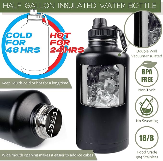 64 Oz Water Bottle with Sleeve - Half Gallon Big Insulated Water Jug with Strap Stainless Steel Gym Water Bottles for Men Sports Workout Hiking All Black
