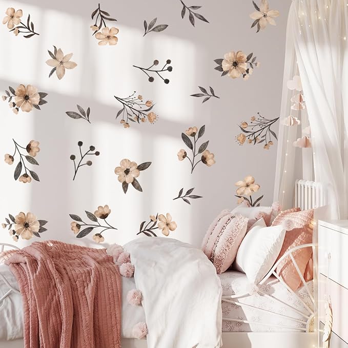 Boho Flower Wall Decals，Watercolor Flower Wall Art，Wildflower Wall Decals，Girls Bedroom Removable Wall Decals，Nursery Kids Room Decor Vinyl Murals DIY Cute Decorations (Boho Flower Wall Decals)