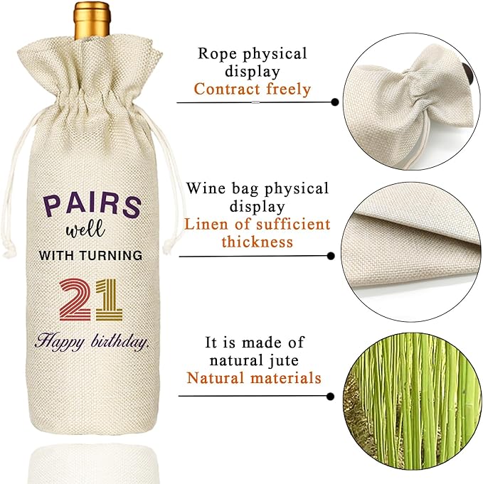 21th Birthday Wine Bag, Presents for 21st Birthday, 21 Years Old Gift Idea Wine Bag for Her Girl Friend, Sister, Birthday Party Decorations - Cotton linen drawstring wine bags (21 BIRTHDAY)
