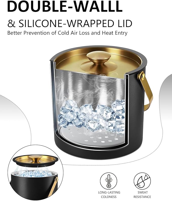 3L Ice Bucket with Silicone Lid, Scoop, Gold Tongs & Strainer, Stainless Steel Double Wall Insulated Ice Buckets for Parties & Cocktail Bar, Outdoor Champagne Ice Container Bin, Black