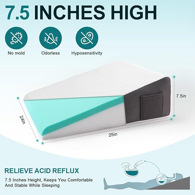 Bed Wedge Pillow for sleeping & Acid Reflux,7.5'' Memory Foam Triangle Wedge Pillow For Back Pain Relief, Leg, Neck Pain, Snoring, Bed Wedge Pillow Post Surger, Breathable Washable Pillowcase