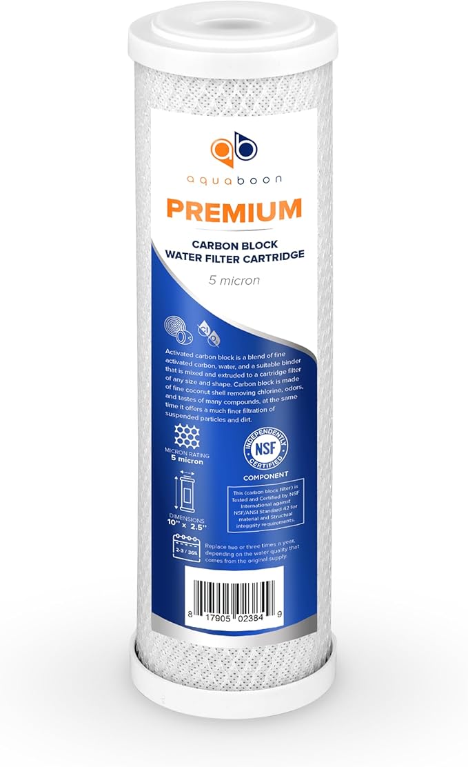 Aquaboon 5 Micron Water Filter 10 x 2.5 - Premium Carbon Block Water Filter - Carbon Water Filter Cartridges - Whole House Water Filter Cartridge Replacement Compatible with FXWTC, WFPFC8002, 1 Pack