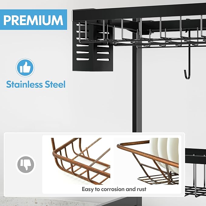 2 Tier Extra Large Stainless Steel Expandable Over The Sink Dish Drainer Drying Rack, Rust Proof Metal, Space Saving, Modern Black Big Capacity Extendable Plate Strainers Above Kitchen Counter