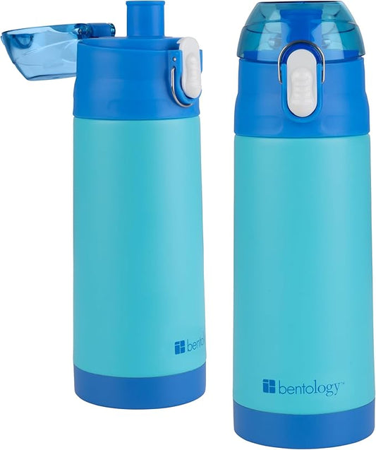Bentology Stainless Steel 13oz Insulated Kids Water Bottle w Built In Straw- Easy to Open, Reusable BPA-Free, Fits in Most Lunch Boxes for Boys, Girls, School, Sports, Camp- Keep Drink Cold All Day