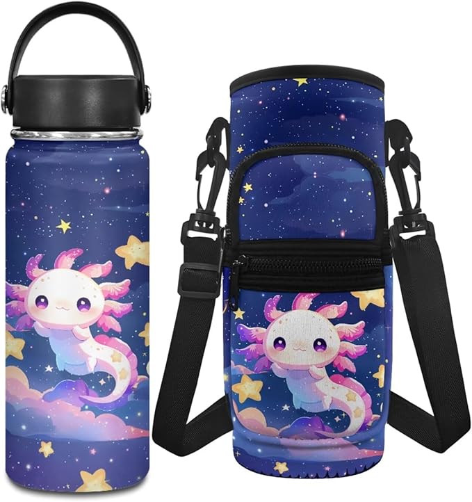Axolotl 18 OZ Stainless Steel Water Bottle Starry Sky 2 Pcs Water Bottle Holder Carrier Sling Water Bottle Pouch Sleeve Insulated Water Bottle