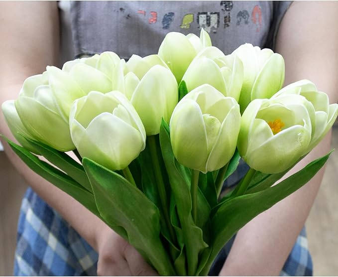 Buart Artificial Tulip in Bulk for Home Kitchen Wedding Bridal Bouquet,Fake Flowers for Valentine's Day Mother's Day Easter Table Centerpieces Decorations(Green,Real-Touch,12pcs)