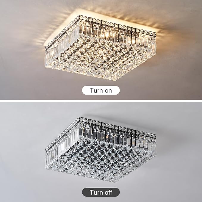 12-Lights Black Crystal Flush Mount Ceiling Light Fixtures,Elegant Crystal Chandelier Pendant Ceiling Lamp for Bedroom,Living Room,Dining Room,Hallway H5.9 x W20 x L20 (Bulb Not Included)Square