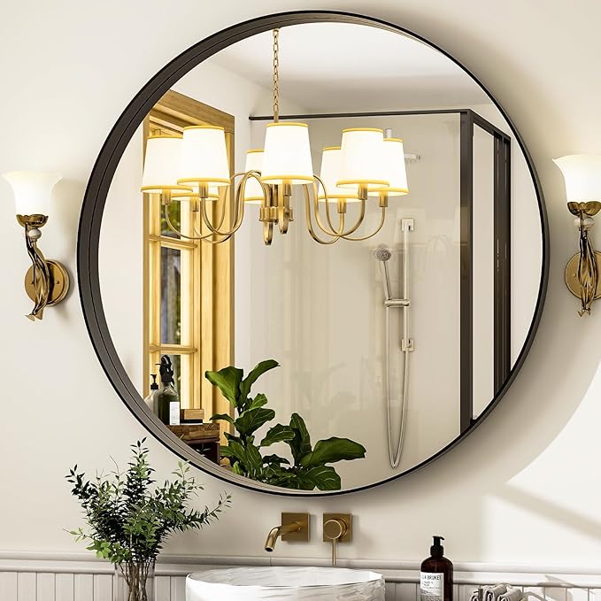24 Inch Round Bathroom Mirror - Wall Mounted Circle Mirror with Metal Frame, Modern Mirror Suitable for Bathroom, Vanity, Entryway, Living Room, Wall Decor,Black