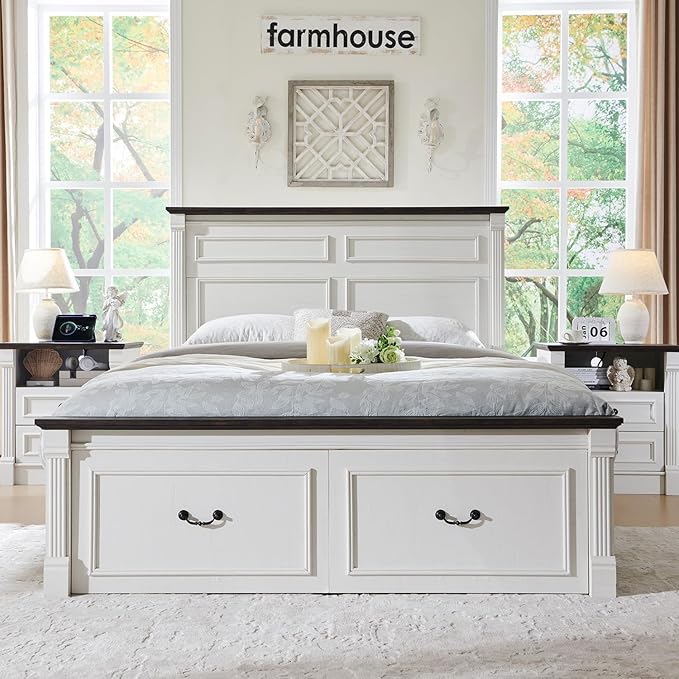 26" Tall Farmhouse Night stand Set of 2, 2 Drawers End Table w/Charging Station, 23.6" Wide Wood Side Table w/Roman Column, Large Rustic Sofa Table w/Open Shelf, Bedside Table for Bedroom, White