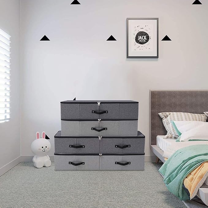 2PCS Foldable Under Bed Storage Box with Plastic Support Liner, Handles, Zipper lid, Blankets Clothes Comforters Storage Bin Organizer for Bedroom and Closet, 29×15×7inch, Black Grey