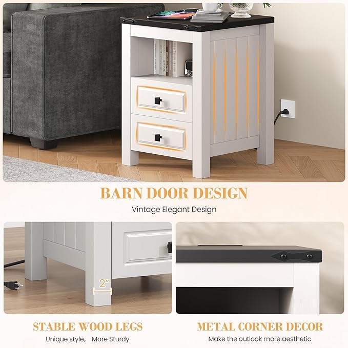 Apicizon End Table Set of 2, Farmhouse End Tables with Charging Station, Nightstand with Drawers and Storage Cabinet, Small Coffee Table for Small Spaces, Sofa Side Table for Living Room, Bedroom