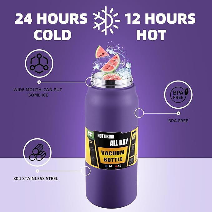 50oz/1.5L Insulated Sports Water Bottle, Stainless Steel Double Wall Water Jug with Handle, 2-in-1 Chug Spout and Straw Lid with Lock Cover for School, Outdoor, Sports & Travel, Purple