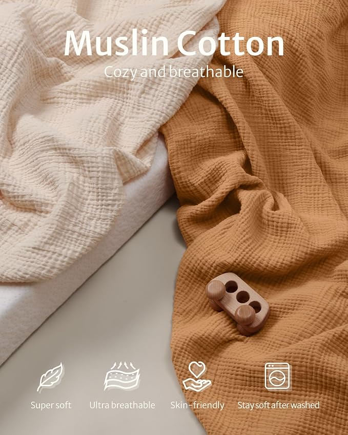 Blissful Diary Muslin Bassinet Sheets for Baby Girls Boys, Boho Soft Cotton Fitted for Oval Hourglass Rectangle Mattress, 2 Pack(Retro Yellow&Beige)