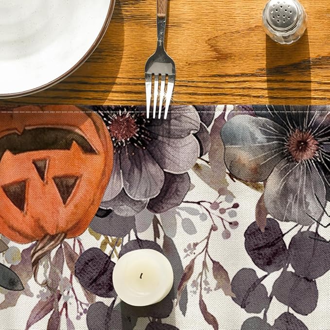 Artoid Mode Jack-O'-Lantern Pumpkin Floral Ghost Halloween Table Runner, Eucalyptus Kitchen Dining Table Decoration for Home Party Decor 13x90 Inch