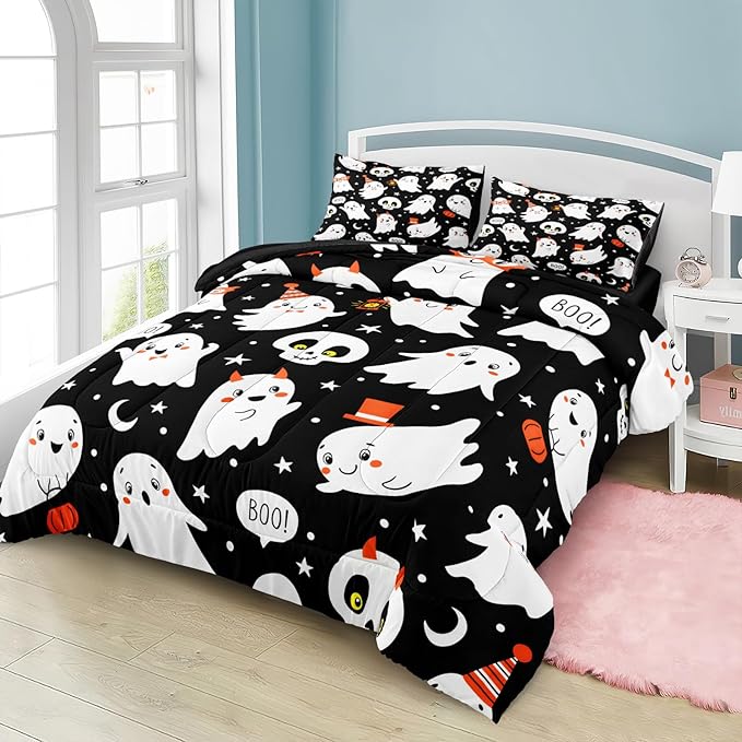 Bedbay Happy Halloween Comforter Set Queen Size Cartoon Ghost Horror Themed Bedding for Kids Boys Teen 4 Pcs Soft Microfiber Bedding Sets for All Season(Ghost,Queen)