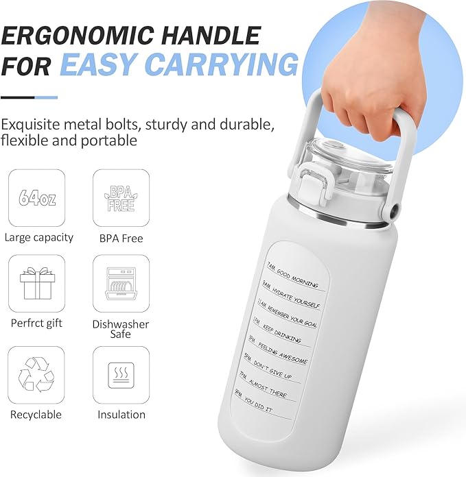 BLUEGO 64oz Insulated Water Bottle with Straw and Handle Leakproof Half Gallon Wide Mouth Motivational Water Bottle, 2-IN-1 Straw Spout Lid Stainless Steel Water Jug for Sport Travel Gym-White