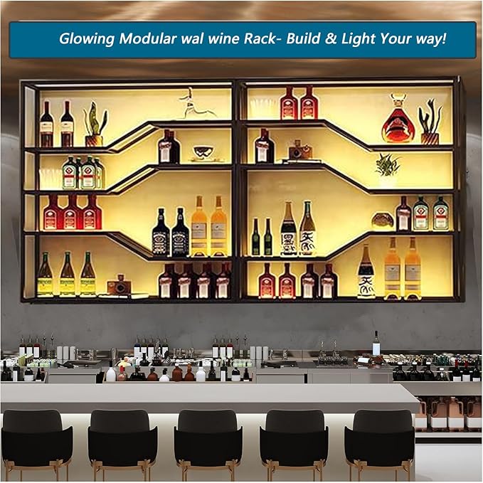 118in Wall Mounted Wine Rack with LED Light, 5-Tiers Liquor Bottles Display Shelf with Glasses Holder, Metal Home Bar Shelves with Industrial Iron Frame for Kitchen (Black, 118in/9.84ft)