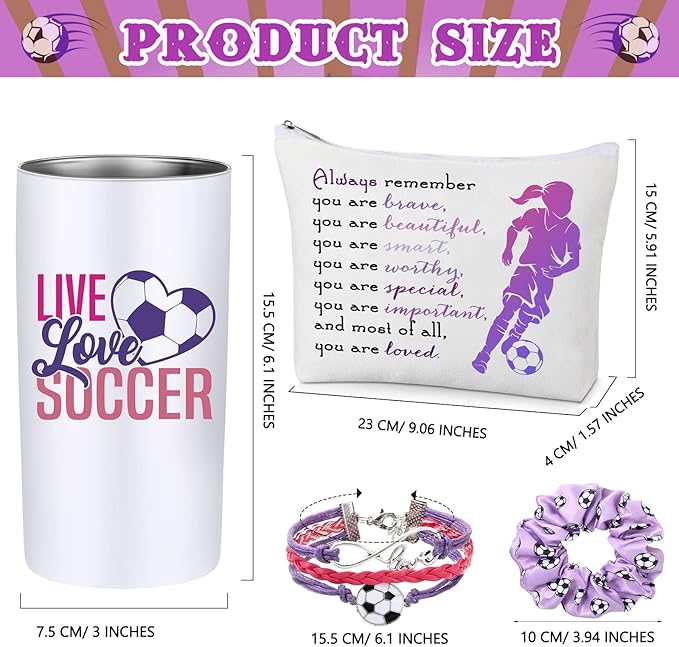 4 Pieces Sports Gifts Set - Hair Scrunchies, Elastic Hair Bands, Ball Charm Bracelet, Zipper Pouch, and Tumbler for Women