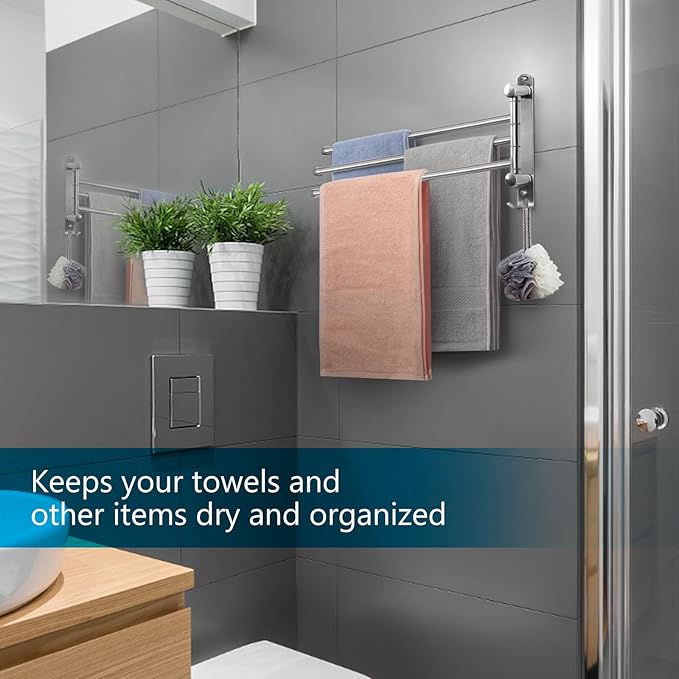 Bathroom Towel Rack JSVER 3 Arms Extended Towel Holder, Swivel Towel Bar, SUS304 Stainless Steel Space Saving Towel Racks for Bathroom, Kitchen