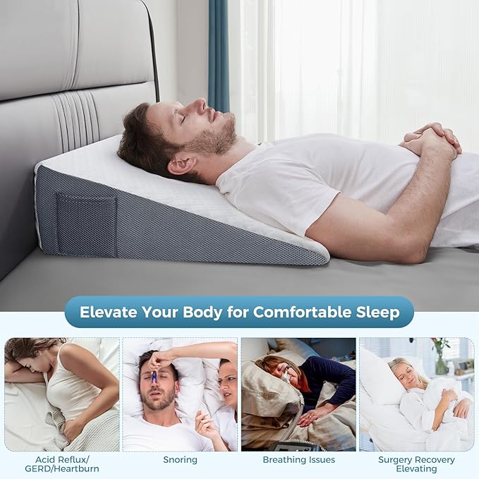 7.5" Wedge Pillow,New Patented Ergonomic Contour Design,Memory Foam Triangle Wedge Pillow for Back Pain Relief, Acid Reflux, Gerd, Heartburn and Snoring,Post Surgery Pillow for Body Elevation
