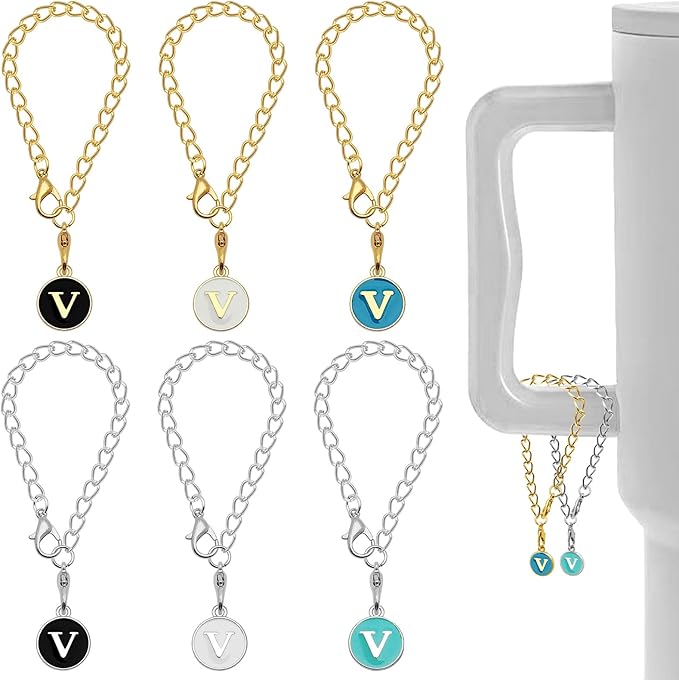 6PCS Letter Charm Accessories for Stanley Cup, Name ID Letter Handle Charm for Stanley Handle Identification Letter Pendant Handle Decoration for Stanley Tumbler Charms (Letter V)
