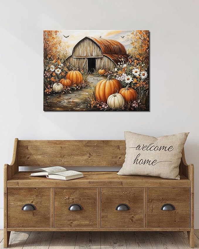 Autumn Pumpkin Barn Framed Wall Art Decor, Moody Fall Decor Rustic Country Landscape Picture Print for Farmhouse Decor,Thanksgiving Decorations Country Canvas Wall Art, Ready to Hang