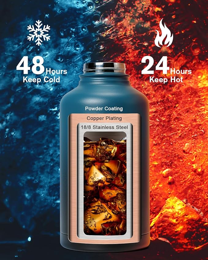 64 oz Insulated Water Bottle,Half Gallon Water Flask Stainless Steel Vacuum, Cold for 48 Hrs,BPA-Free & Leakproof -with Paracord Handle, Strap,Straw Spout Lids,Large Jug for Gym,Indigo Black