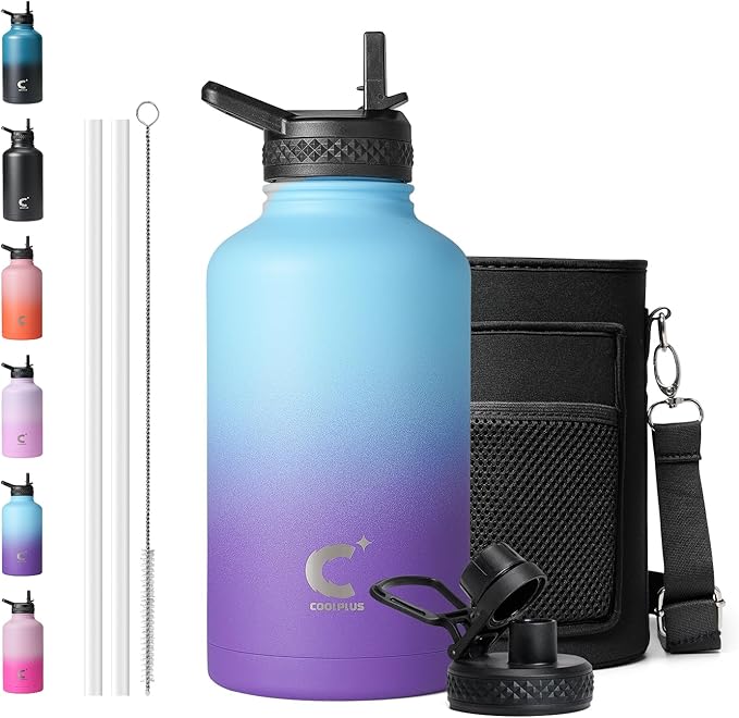 64oz Insulated Water Bottle, Coolplus Half Gallon Water Jug With Straw Stainless Steel Double-Walled Vacuum Metal Large Flask With Carry Sleeve Bpa-Free Leakproof, Keep Cold 48 Hrs, Blue Purple