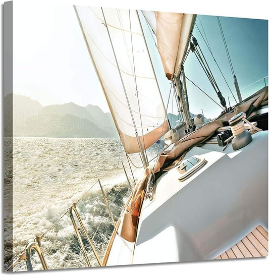 ARTISTIC PATH Sailboat Picture Seascape Wall Art: Nautical Artwork Print on Canvas Painting for Bedrooms (16" W x 11" H,Multi-Sized)