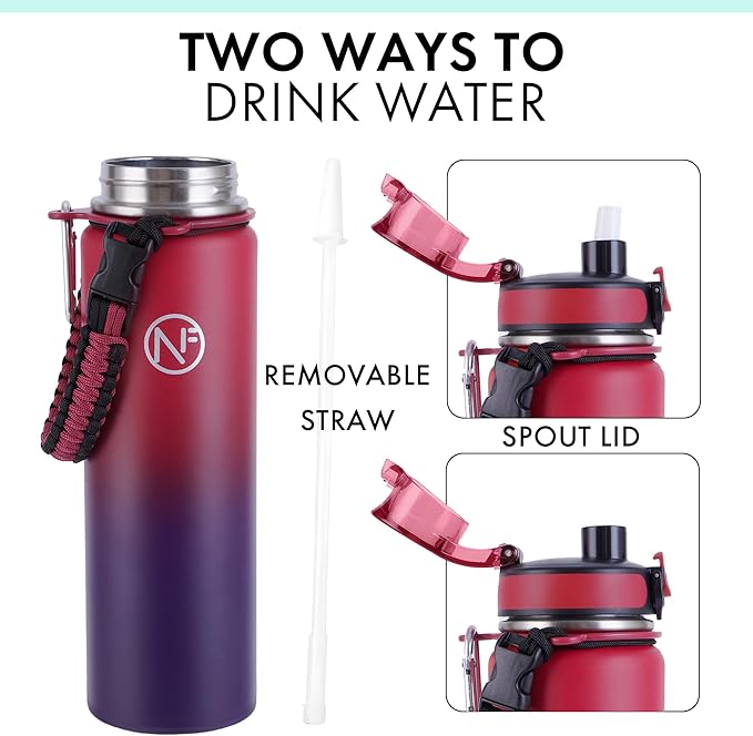 32 oz Insulated Water Bottle With Detachable Straw & Paracord Handle, Stainless Steel Thermos Water Bottle with Leakproof Lockable Lid, BPA-Free Sports Bottle (Rose Purple Gradient)