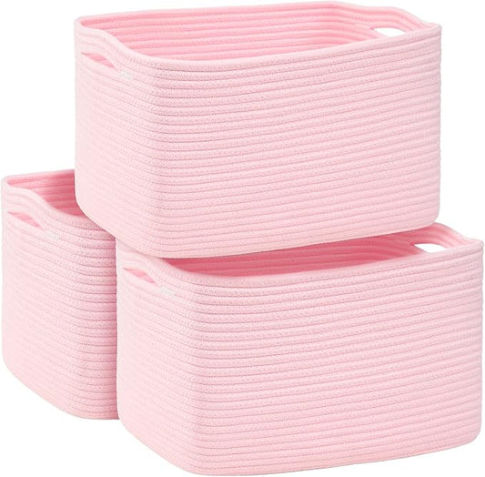 3-Pack Shelf Baskets for Organizing, Woven Storage Basket for Shelves, Cotton Rope Storage Bins for Toys Books, Nursery Towel Baskets for Classroom, 14.96"X9.8"X8.85", Pink
