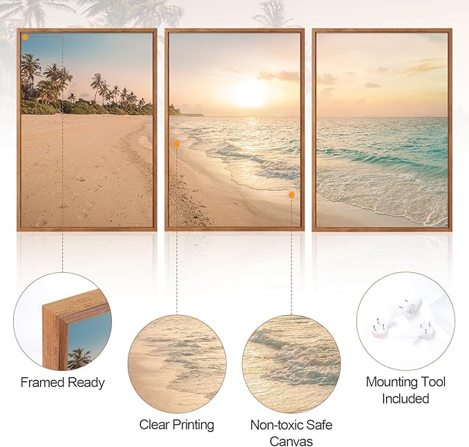 Aurlan Tropical Beach Sunset Framed Wall Art(16"x24"), 3PCS Coastal Ocean Island Canvas Artwork, Vintage Seascape Landscape Scenery Decor Prints for Office Home