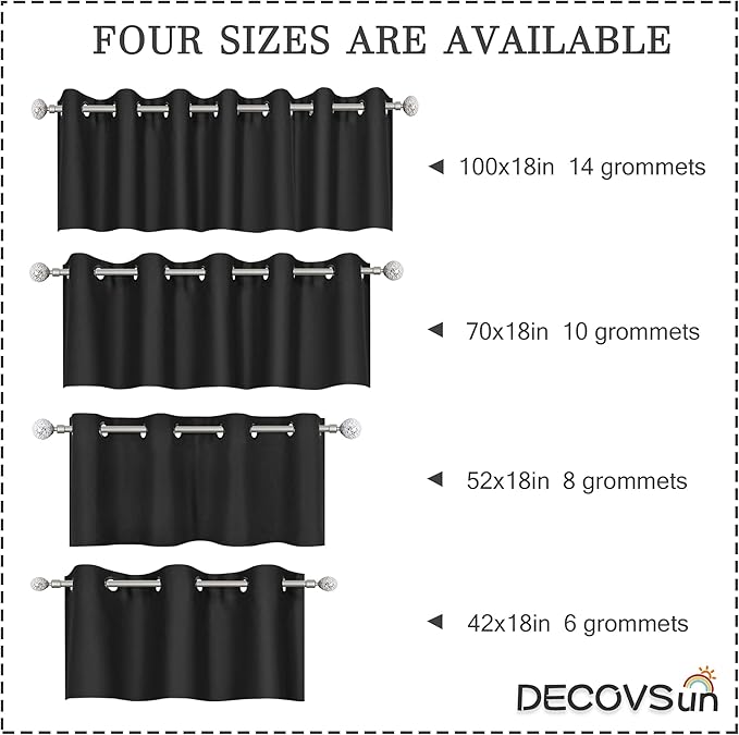 Black Valances for Windows for Kitchen Blackout Thermal Insulated Curtain Valance for Bathroom/Office Short Straight Drape Valance for Bedroom Kids Room 42 Inch Wide by 18 Inch Long 1 Panel