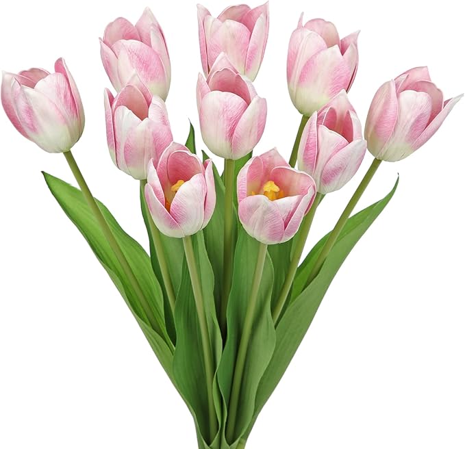 Artificial Tulips Flowers – 20" Long Stem Faux Tulips, 10PCS Real Touch Fake Pink Tulip for Vase, Farmhouse, Kitchen, Spring & Wedding Home Decor
