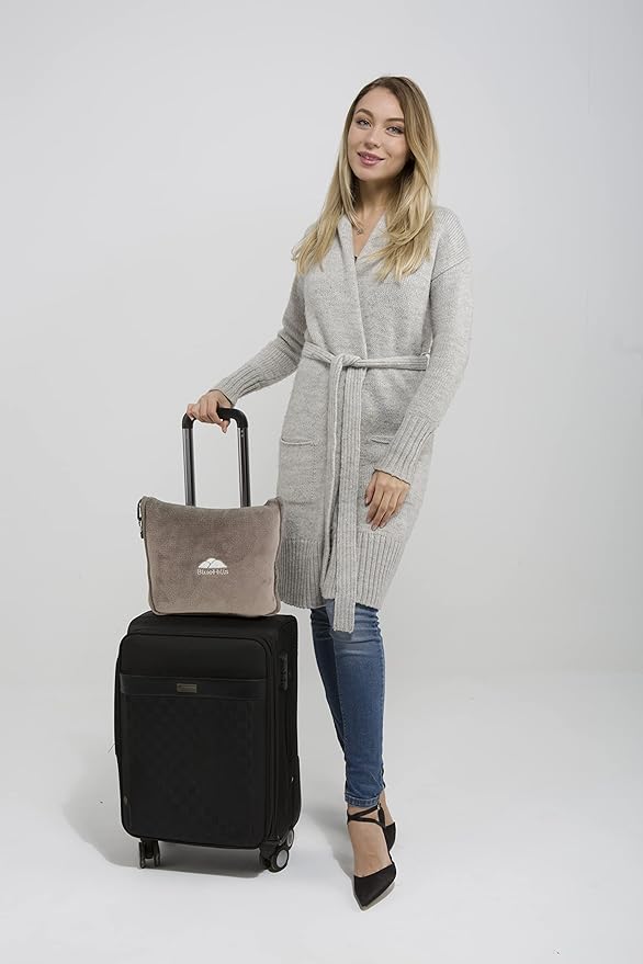 BlueHills Premium Soft Travel Blanket Pillow Airplane Flight Blanket Throw in Soft Bag Pillow case with Luggage Belt & Backpack Clip Compact Pack Large Blanket Taupe T023